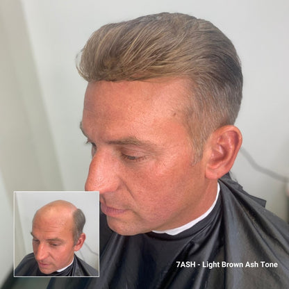 Client before and after with Straight Hair System in color 7 Ash Brown, natural look and volume